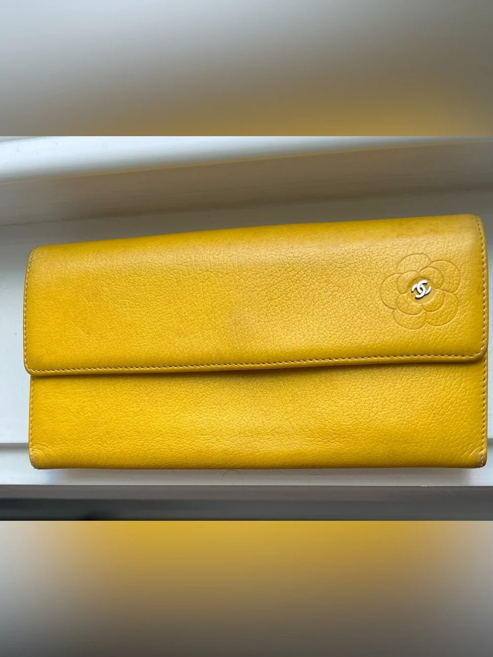 CHANEL Yellow Leather Flap Wallet with Camellia Detail